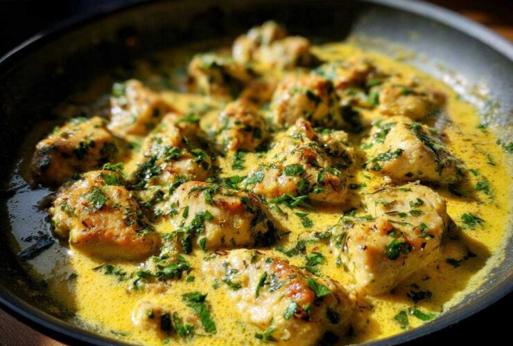 Close-up of bite-sized chicken pieces simmering in a rich, yellow Creamy Lemon Chicken Skillet sauce topped with fresh green herbs.