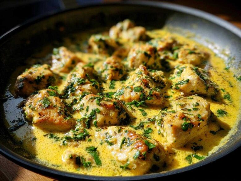 Close-up of bite-sized chicken pieces simmering in a rich, yellow Creamy Lemon Chicken Skillet sauce topped with fresh green herbs.
