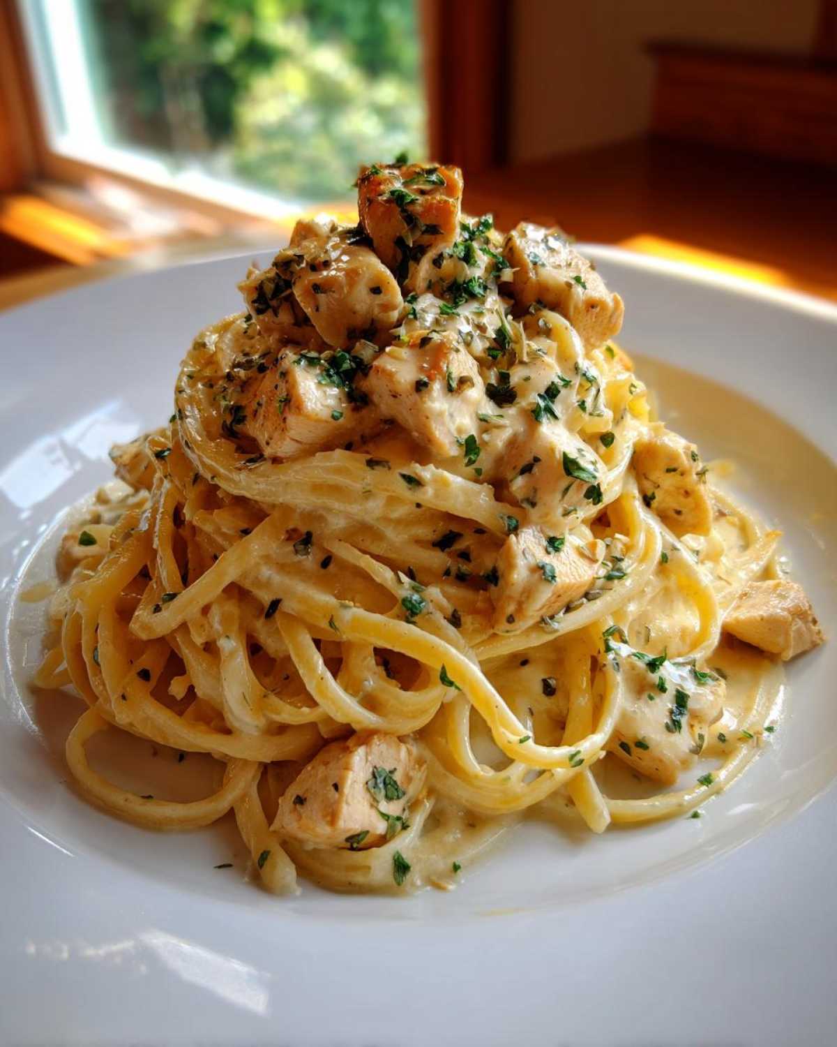 A mound of Creamy Lemon Garlic Pasta with Chicken, topped with diced chicken and fresh parsley.