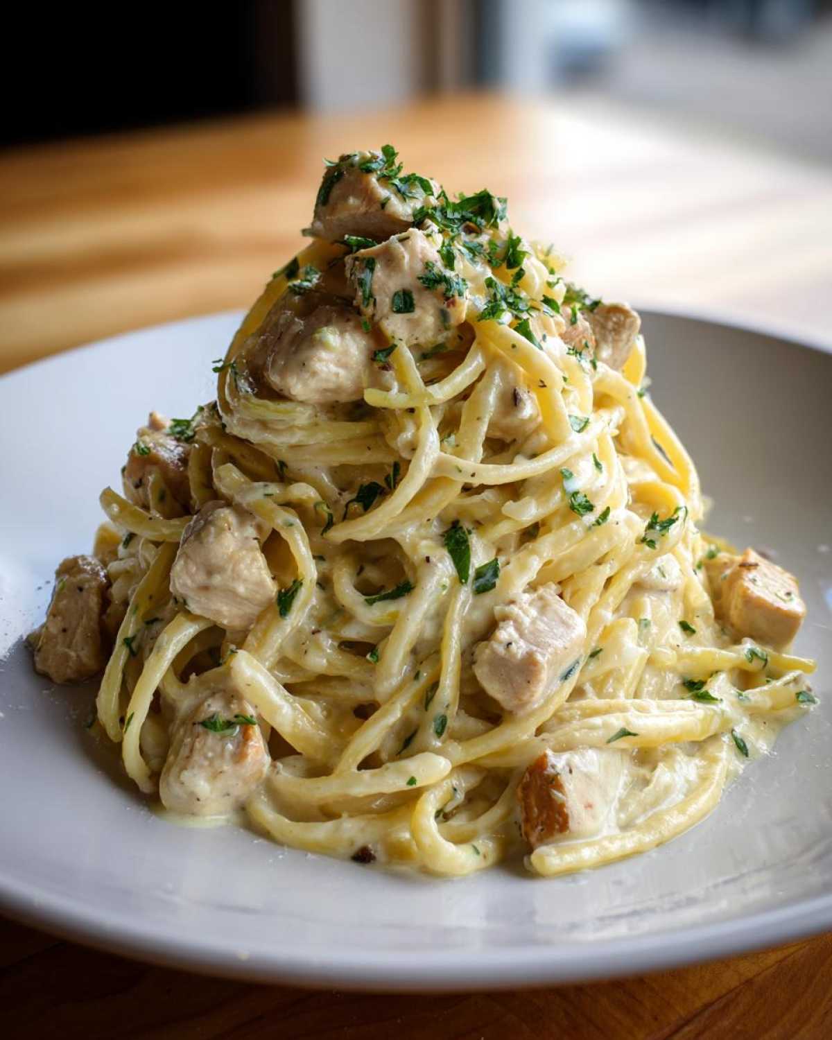 A tall serving of Creamy Lemon Garlic Pasta with Chicken, topped with fresh parsley.