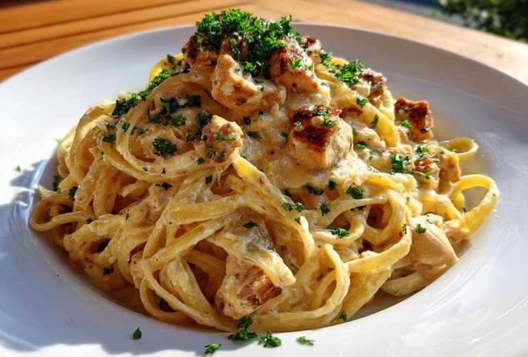 A close-up of a serving of Creamy Lemon Garlic Pasta with Chicken, topped with fresh parsley.