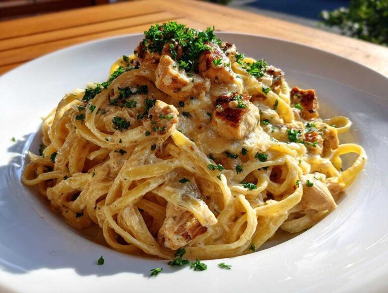 A close-up of a serving of Creamy Lemon Garlic Pasta with Chicken, topped with fresh parsley.