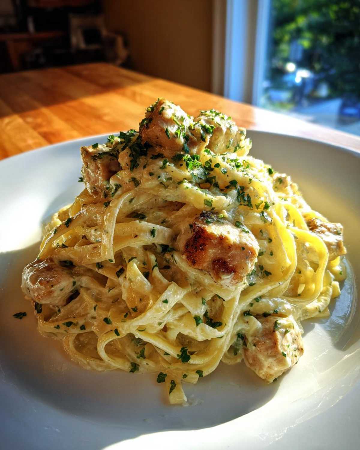 A close-up of fettuccine in creamy lemon garlic sauce topped with seared chicken pieces and fresh parsley.