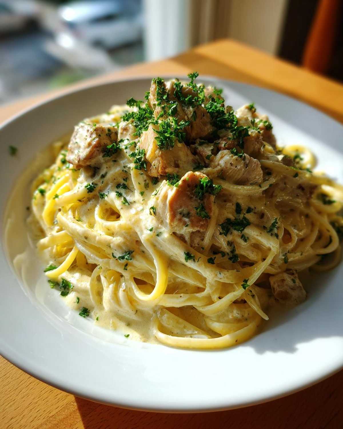 A close-up of Creamy Lemon Garlic Pasta with Chicken, topped with fresh parsley, served in a white bowl.