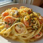 A close-up of rich Creamy Lemon Garlic Shrimp Pasta tossed in a bright sauce and topped with lemon zest and parsley.