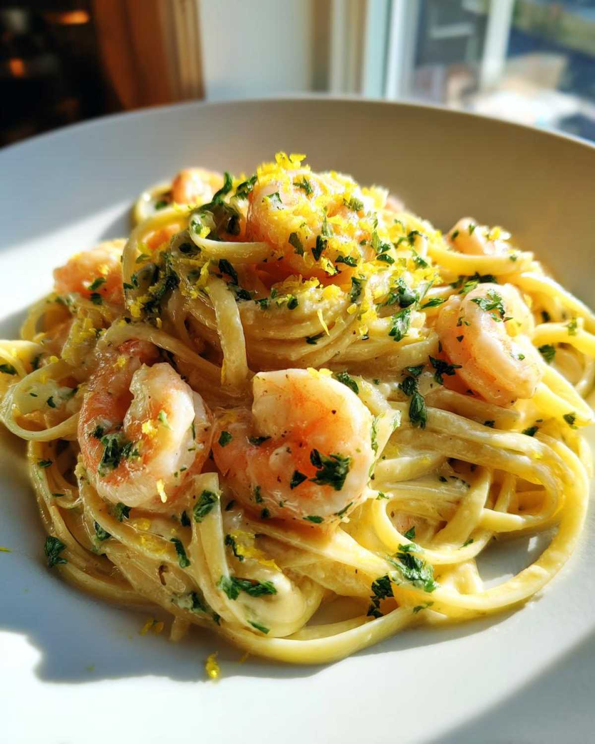 Close-up of creamy lemon garlic shrimp pasta topped with fresh parsley and bright yellow lemon zest.
