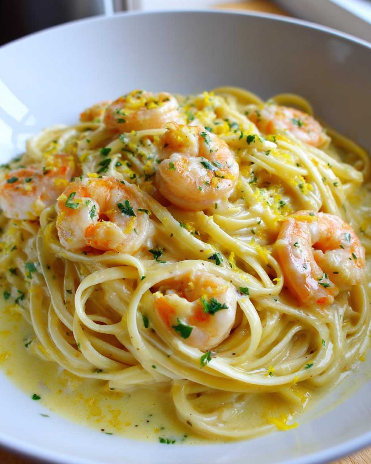 Close-up of Creamy Lemon Garlic Shrimp Pasta with bright shrimp, lemon zest, and parsley.