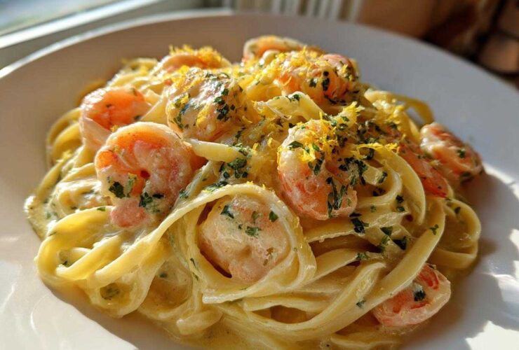 A close-up of rich Creamy Lemon Garlic Shrimp Pasta tossed in a bright sauce and topped with lemon zest and parsley.