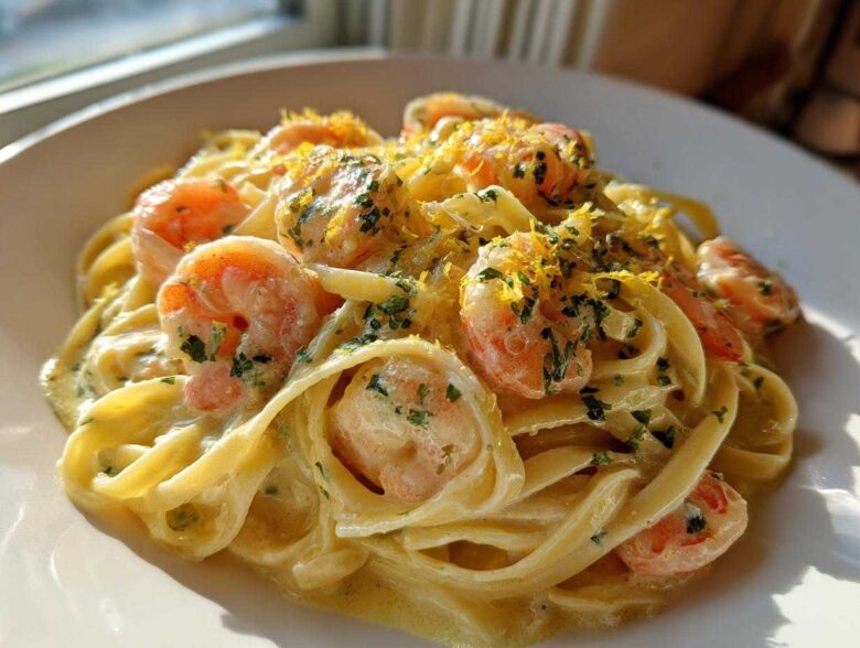 A close-up of rich Creamy Lemon Garlic Shrimp Pasta tossed in a bright sauce and topped with lemon zest and parsley.