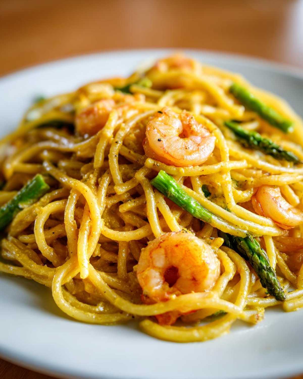A close-up view of Creamy Lemon Shrimp Pasta Fresh Flavor mixed with bright green asparagus spears.