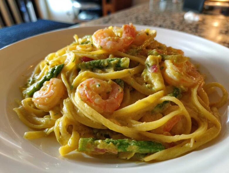 A close-up of Creamy Lemon Shrimp Pasta Fresh Flavor featuring pasta, pink shrimp, and bright green asparagus in a rich sauce.