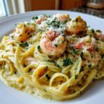 A close-up of Creamy Lemon Shrimp Pasta with Garlic Sauce, topped with Parmesan and parsley on a white plate.