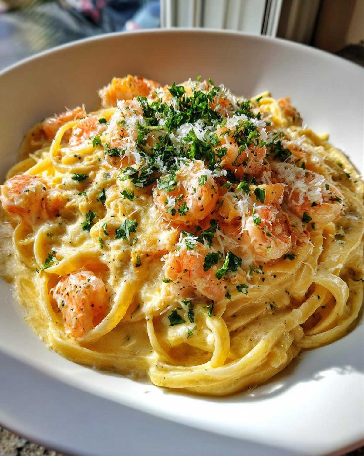 Close-up of a bowl of Creamy Lemon Shrimp Pasta with Garlic Sauce, topped with shrimp, Parmesan, and fresh parsley.