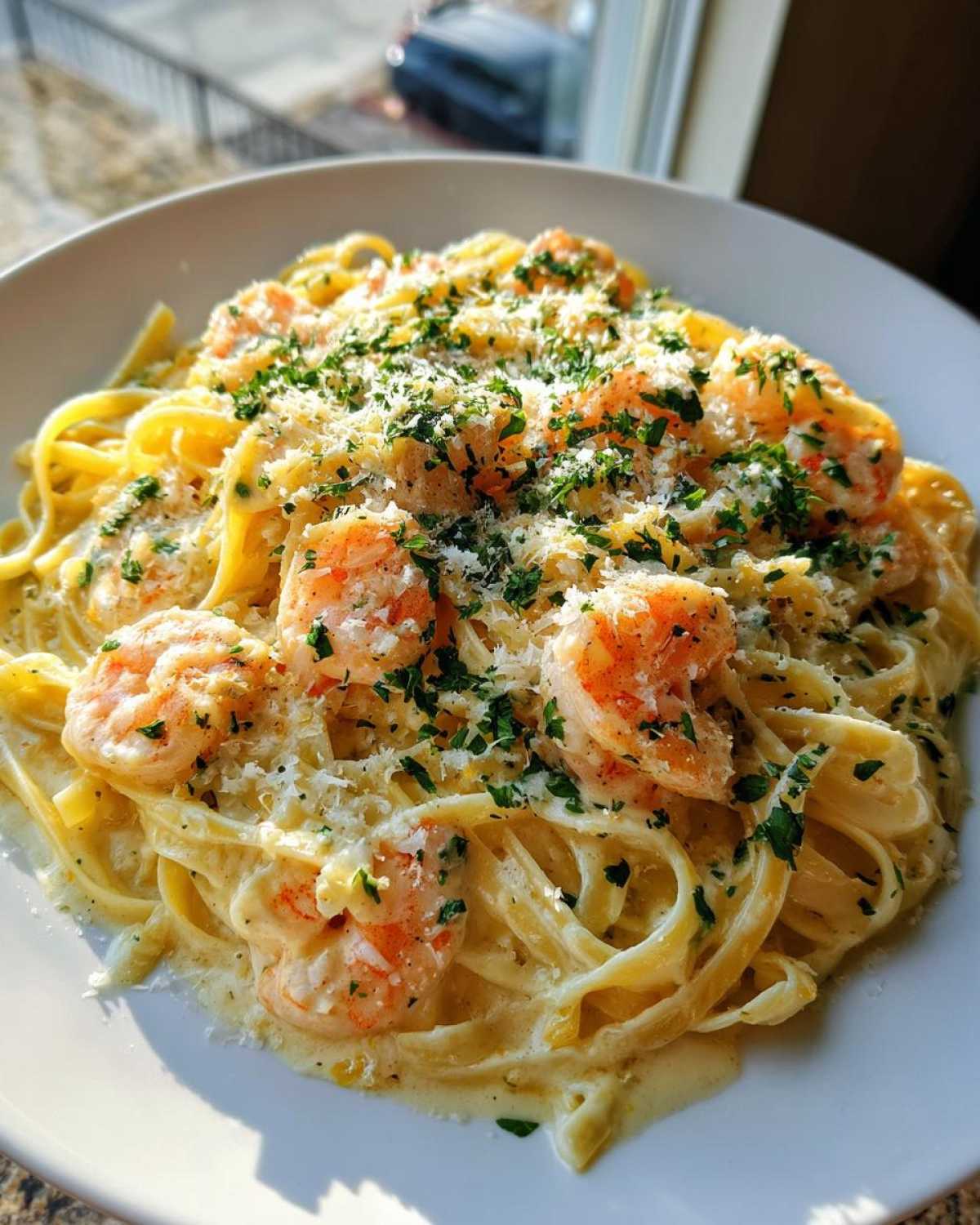 A close-up of a white bowl filled with Creamy Lemon Shrimp Pasta with Garlic Sauce, topped with shrimp, parmesan, and parsley.