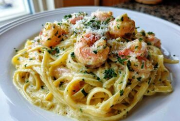 A close-up of Creamy Lemon Shrimp Pasta with Garlic Sauce, topped with Parmesan and parsley on a white plate.