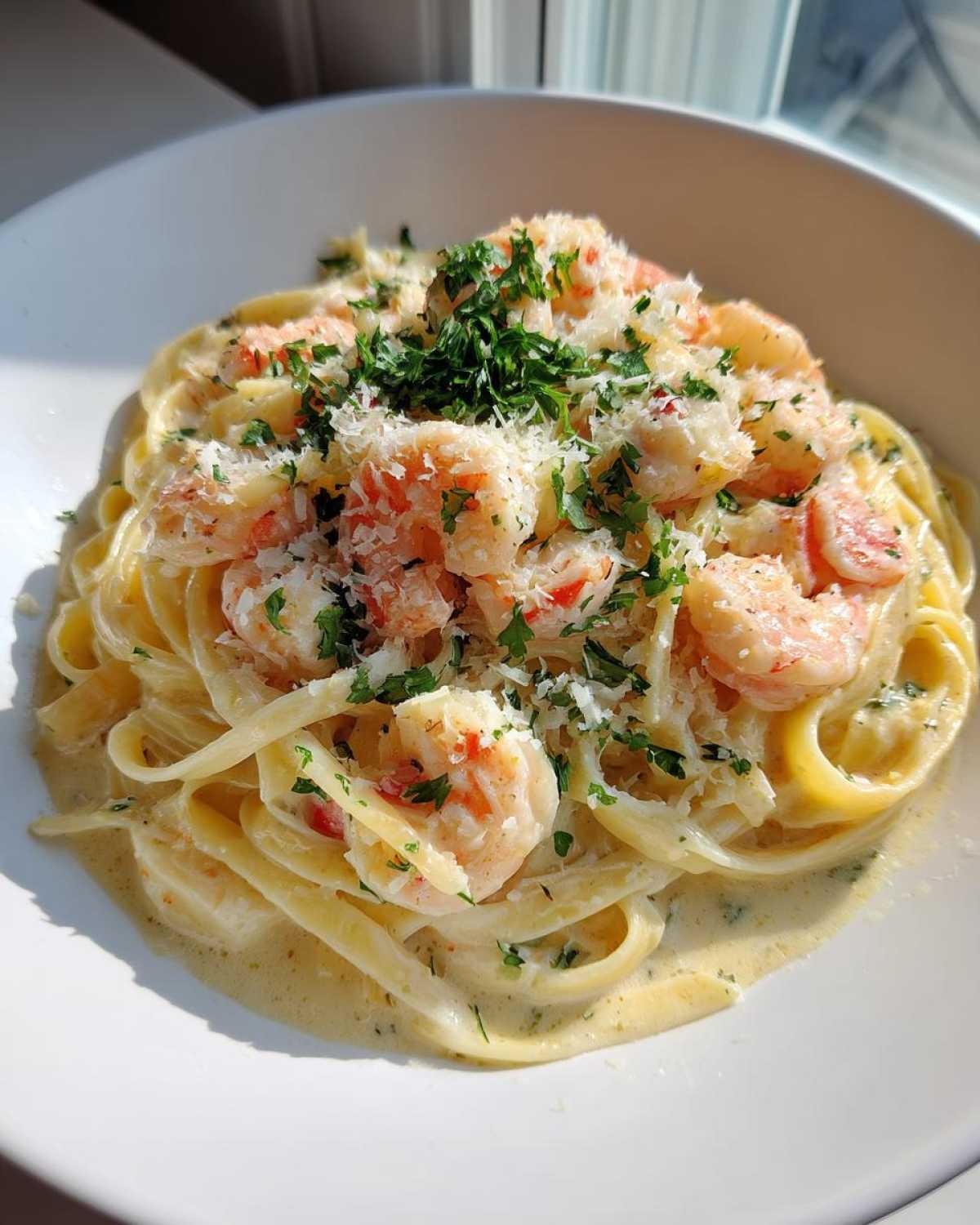 A close-up of Creamy Lemon Shrimp Pasta with Garlic Sauce, topped with grated Parmesan and fresh parsley.