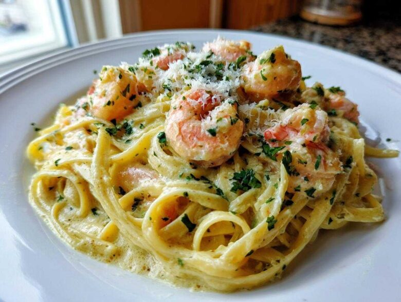 A close-up of Creamy Lemon Shrimp Pasta with Garlic Sauce, topped with Parmesan and parsley on a white plate.