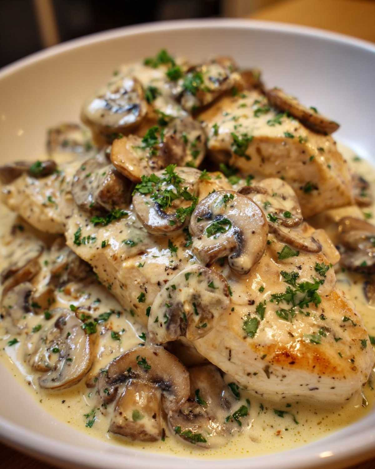 Close-up of tender chicken breasts smothered in a rich, creamy mushroom alfredo sauce and topped with fresh parsley.