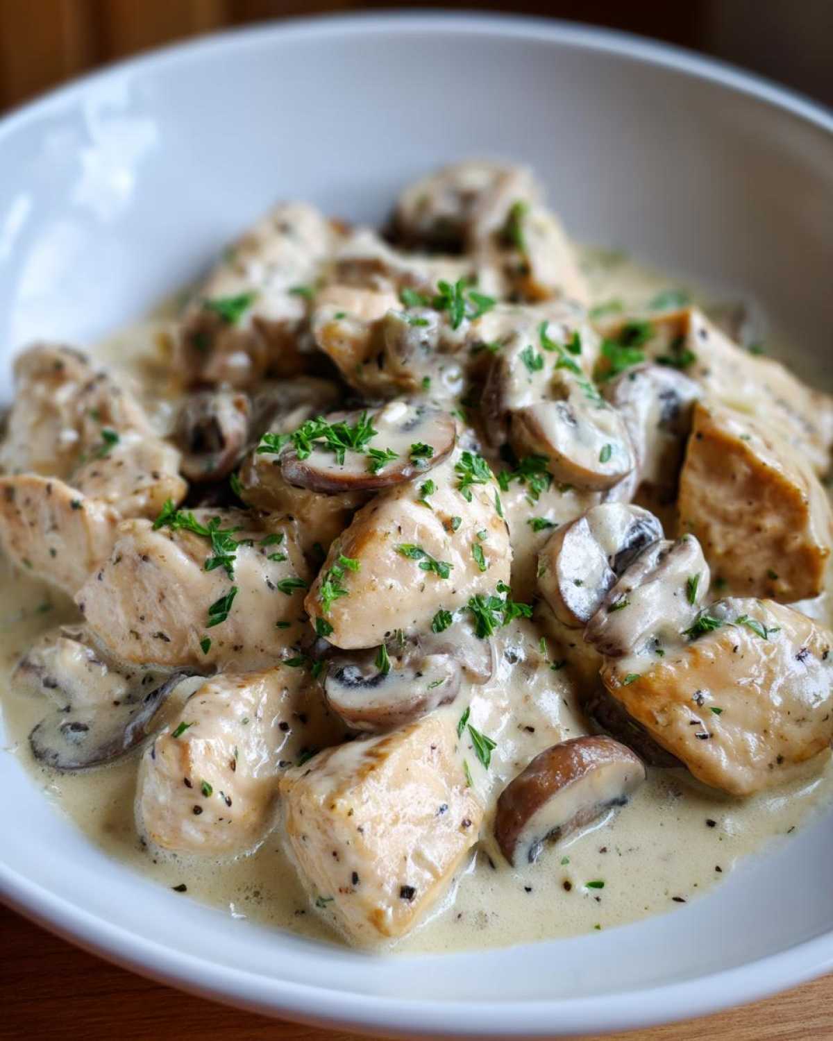 Close-up of bite-sized chicken pieces and sliced mushrooms coated in a rich sauce, part of the Creamy Mushroom Alfredo Chicken Skillet.