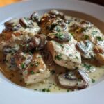 Close-up of pan-seared chicken pieces smothered in a rich, creamy sauce with sliced mushrooms, part of the Creamy Mushroom Alfredo Chicken Skillet.