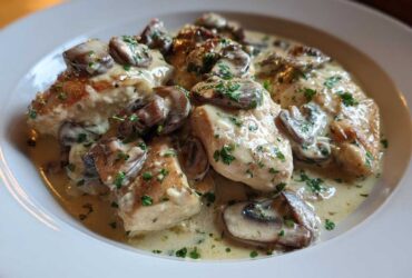 Close-up of pan-seared chicken pieces smothered in a rich, creamy sauce with sliced mushrooms, part of the Creamy Mushroom Alfredo Chicken Skillet.