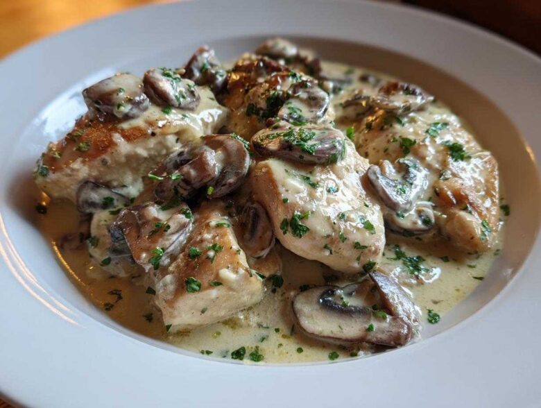 Close-up of pan-seared chicken pieces smothered in a rich, creamy sauce with sliced mushrooms, part of the Creamy Mushroom Alfredo Chicken Skillet.