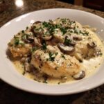 Close-up of seared chicken breasts smothered in creamy mushroom alfredo sauce and topped with fresh parsley.
