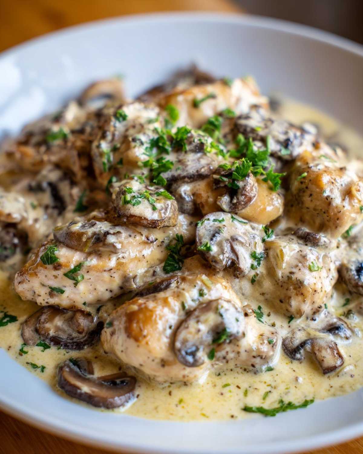 Close-up of tender chicken pieces smothered in a rich, creamy mushroom alfredo sauce, garnished with fresh parsley.