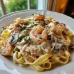Close-up of Creamy Mushroom Alfredo Shrimp Skillet served over fettuccine pasta, garnished with parsley.