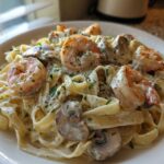 A close-up of Creamy Mushroom Alfredo Shrimp Skillet served over fettuccine pasta, garnished with parsley.