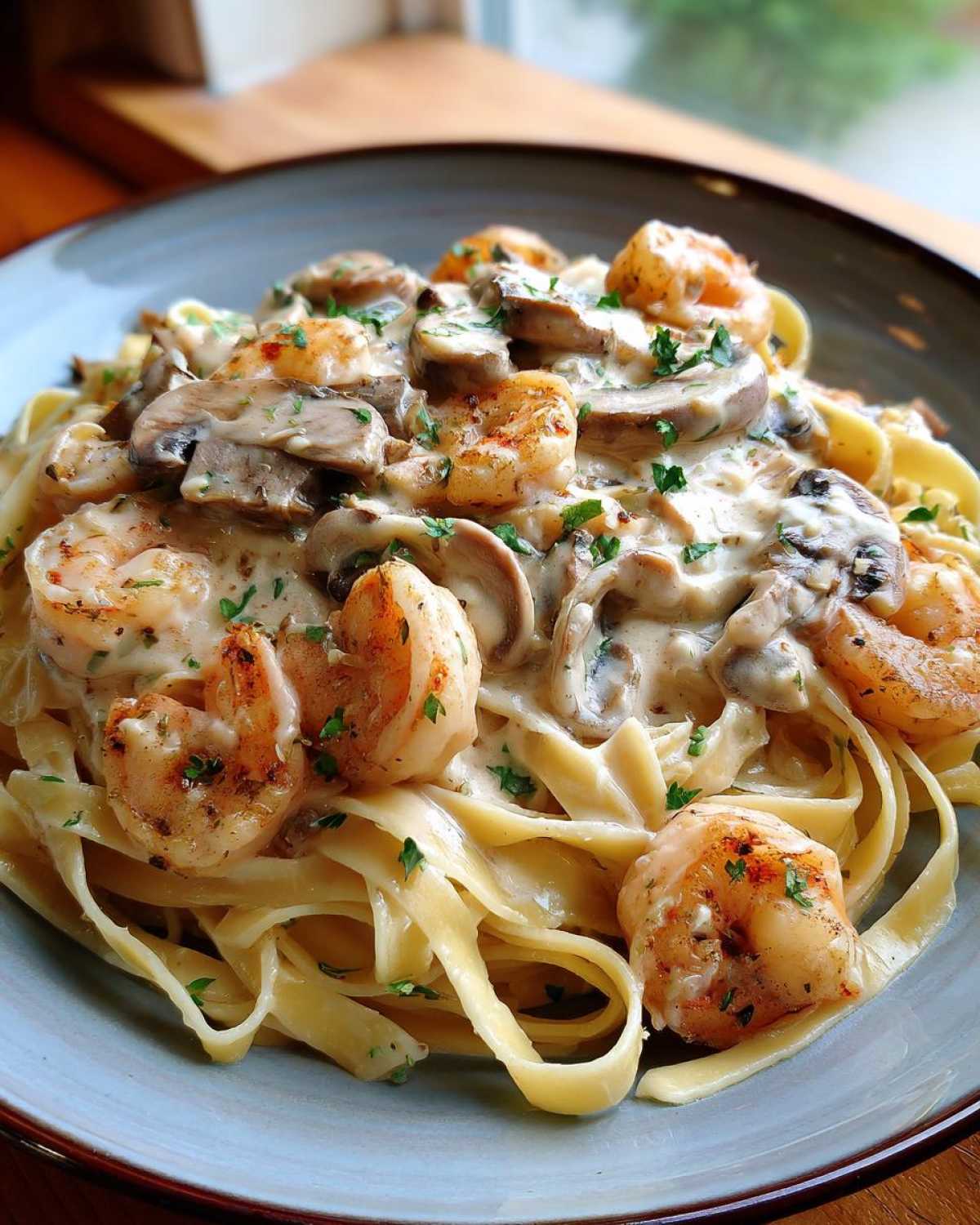 A close-up of Creamy Mushroom Alfredo Shrimp Skillet served over fettuccine pasta, garnished with parsley.