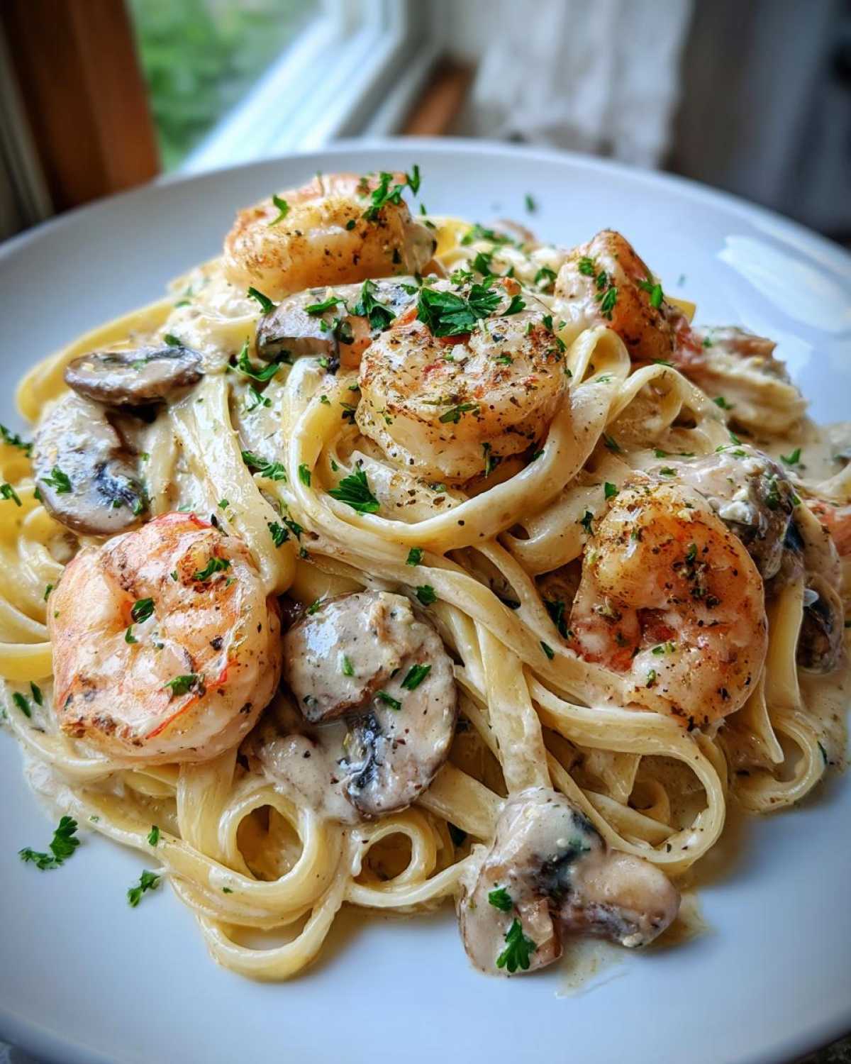 Close-up of Creamy Mushroom Alfredo Shrimp Skillet served over fettuccine pasta, garnished with parsley.