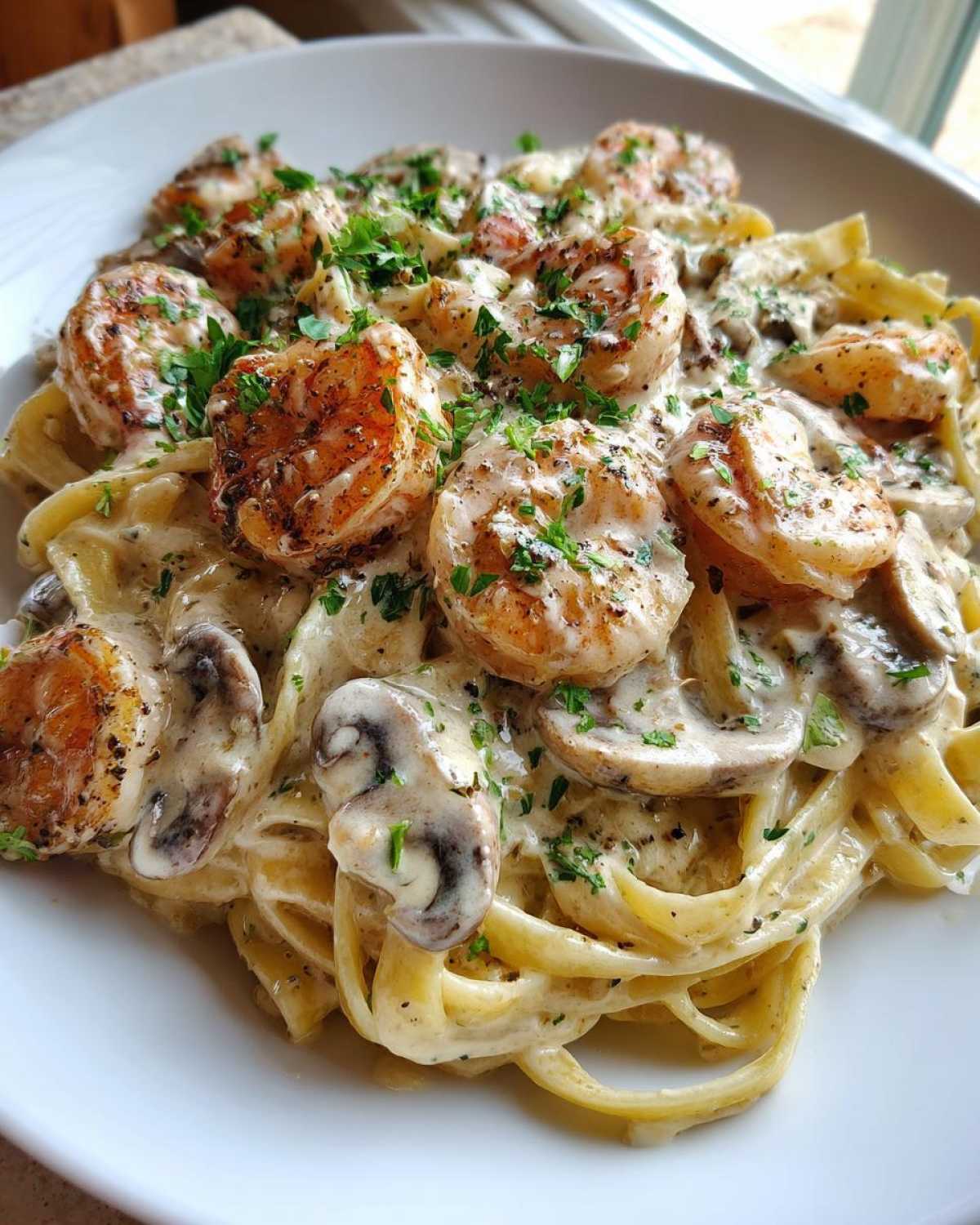 Close-up of Creamy Mushroom Alfredo Shrimp Skillet served over fettuccine pasta, garnished with parsley.