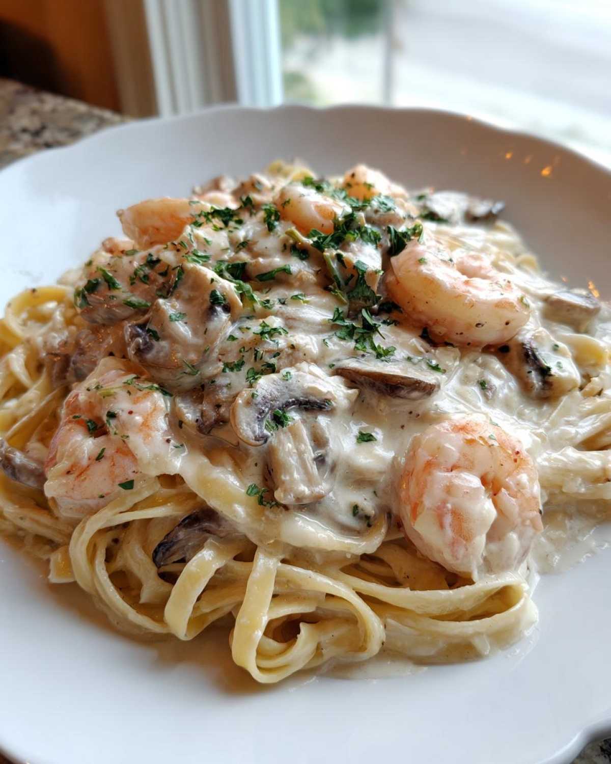 Close-up of a white bowl filled with Creamy Mushroom Alfredo Shrimp Skillet served over fettuccine pasta, garnished with parsley.