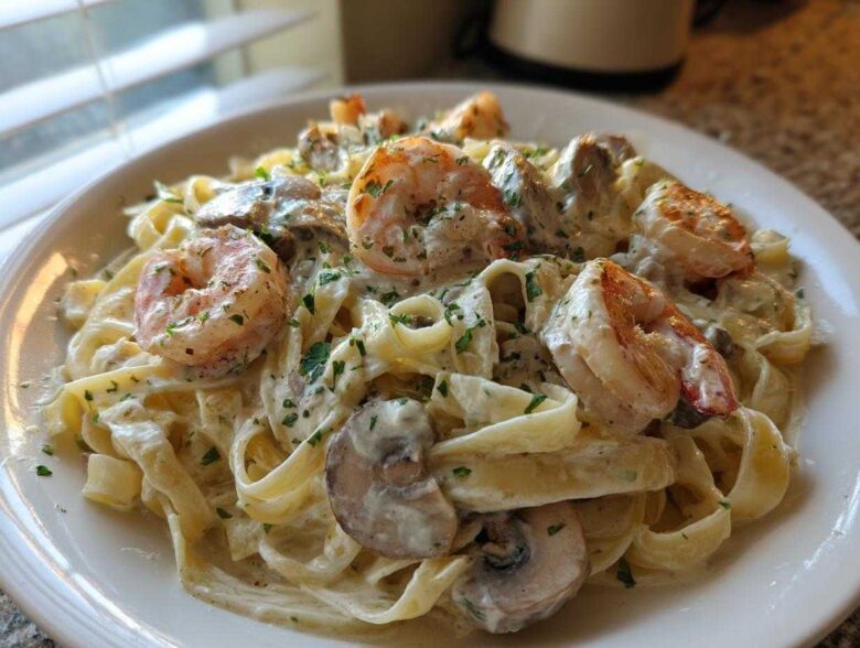 A close-up of Creamy Mushroom Alfredo Shrimp Skillet served over fettuccine pasta, garnished with parsley.