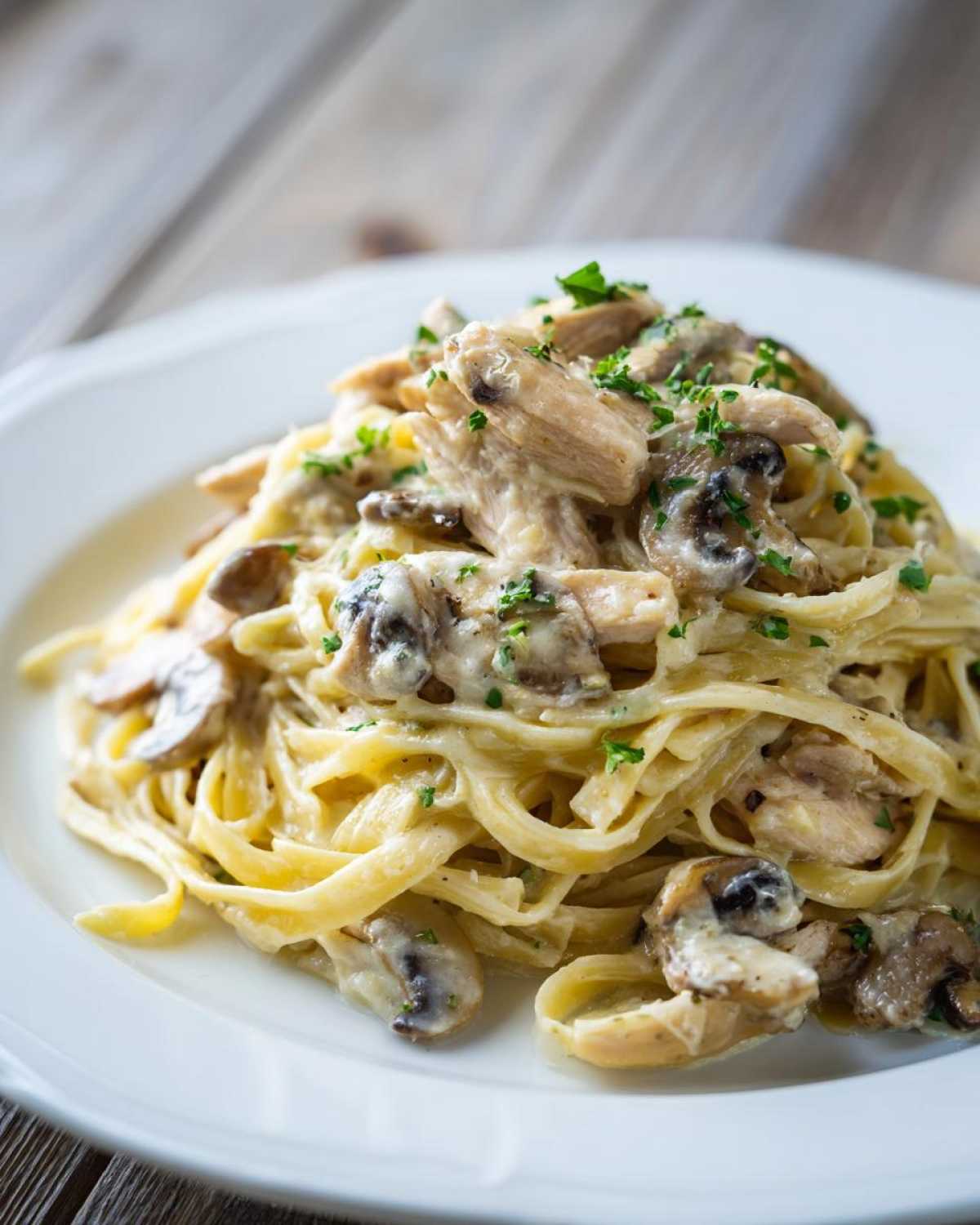 A close-up of a generous serving of Creamy Mushroom Chicken Alfredo Pasta tossed in a rich white sauce, garnished with parsley.