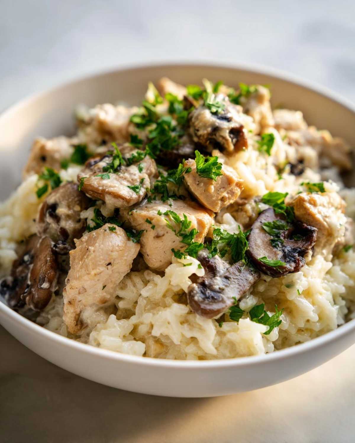 Close-up of a white bowl filled with Creamy Mushroom Chicken and Rice Skillet, topped with parsley.
