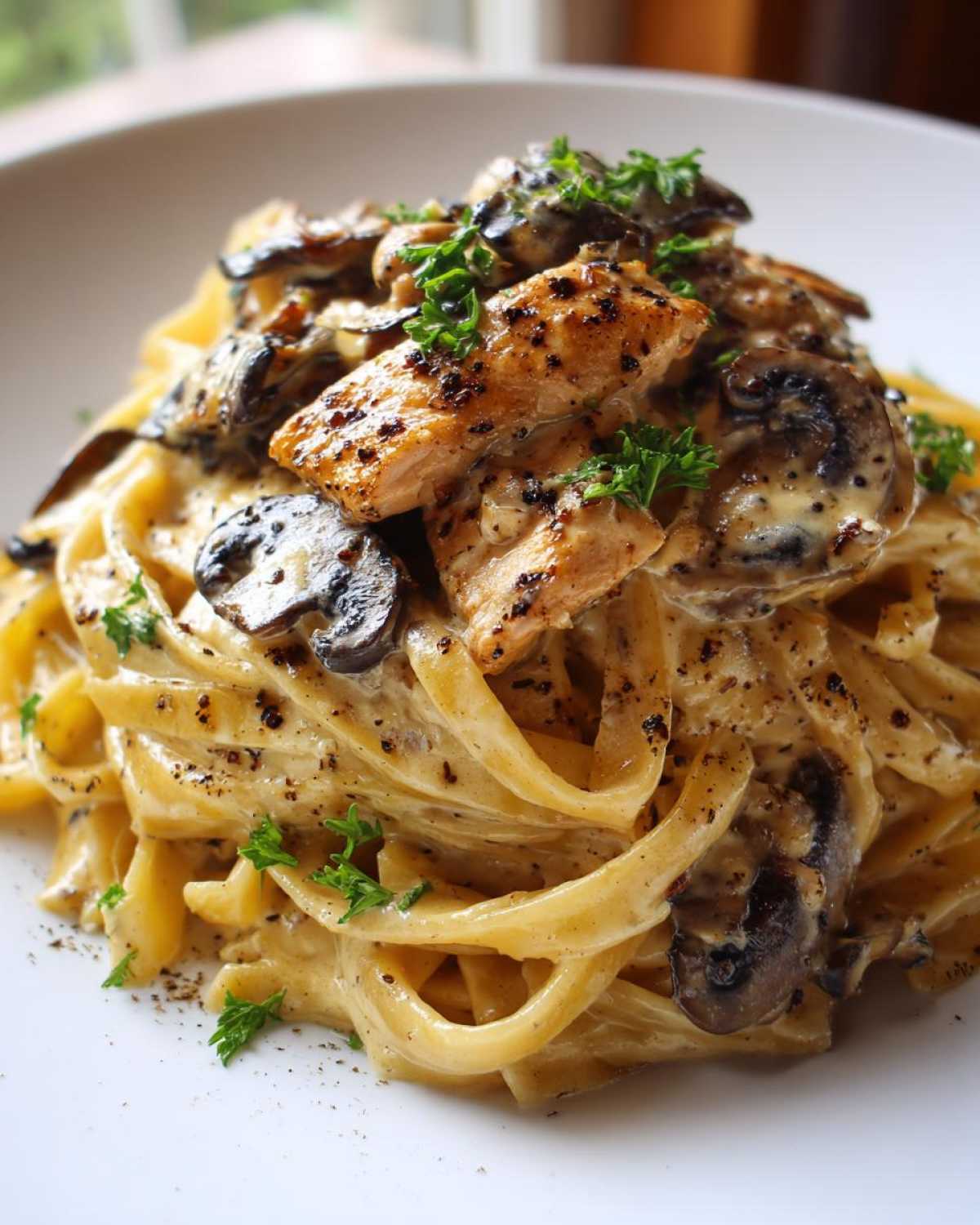 A close-up of fettuccine pasta coated in a rich, creamy sauce, topped with sautéed mushrooms and seasoned chicken pieces for Creamy Mushroom Chicken Pasta.