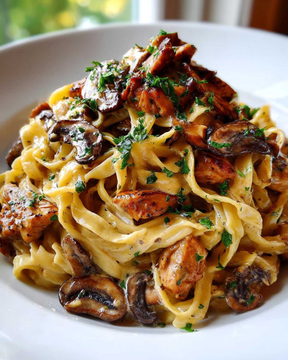 Close-up of fettuccine pasta tossed in a rich garlic sauce with seared chicken and mushrooms, topped with parsley.