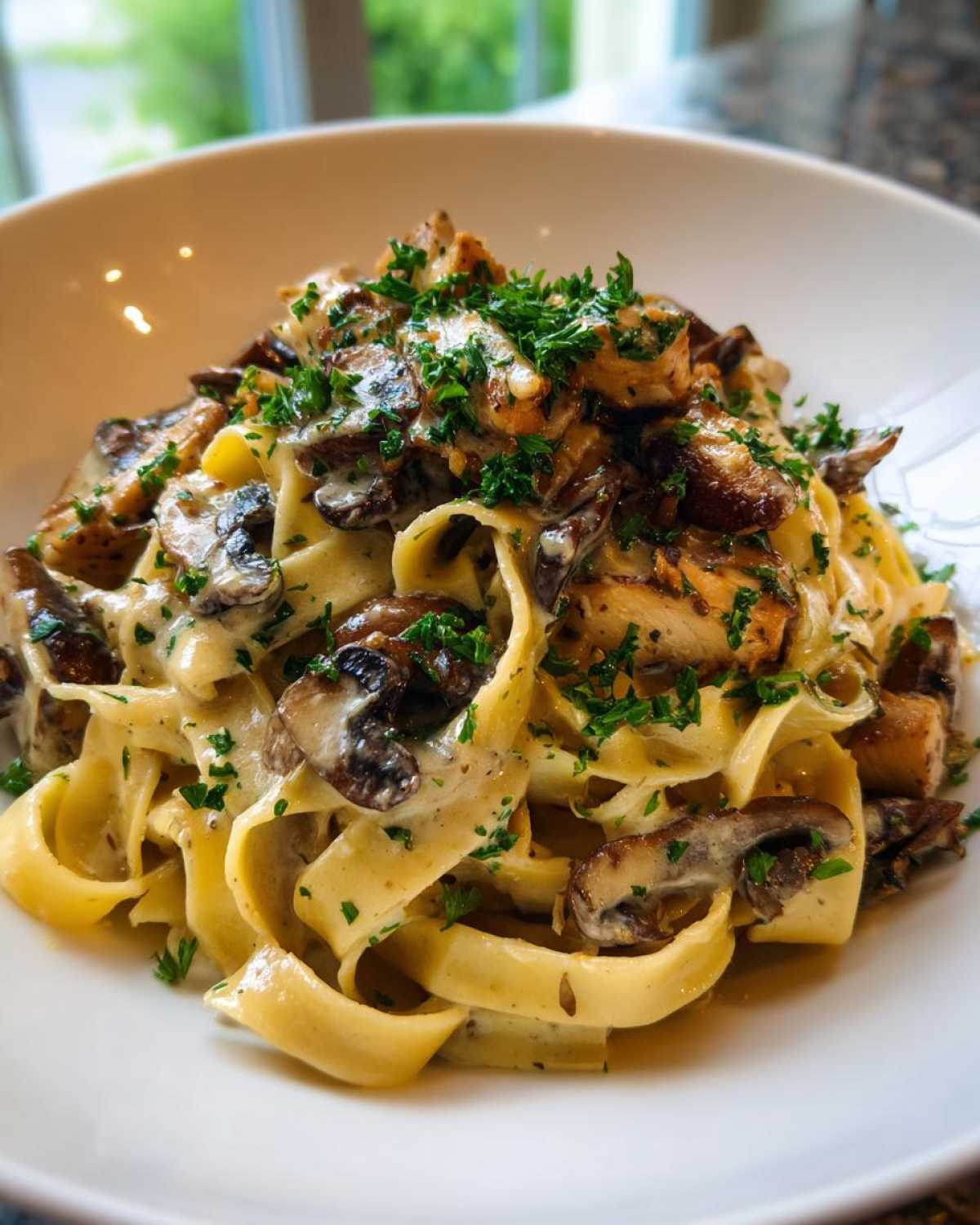 A close-up of rich Creamy Mushroom Chicken Pasta with Garlic Sauce, featuring fettuccine noodles and fresh parsley.