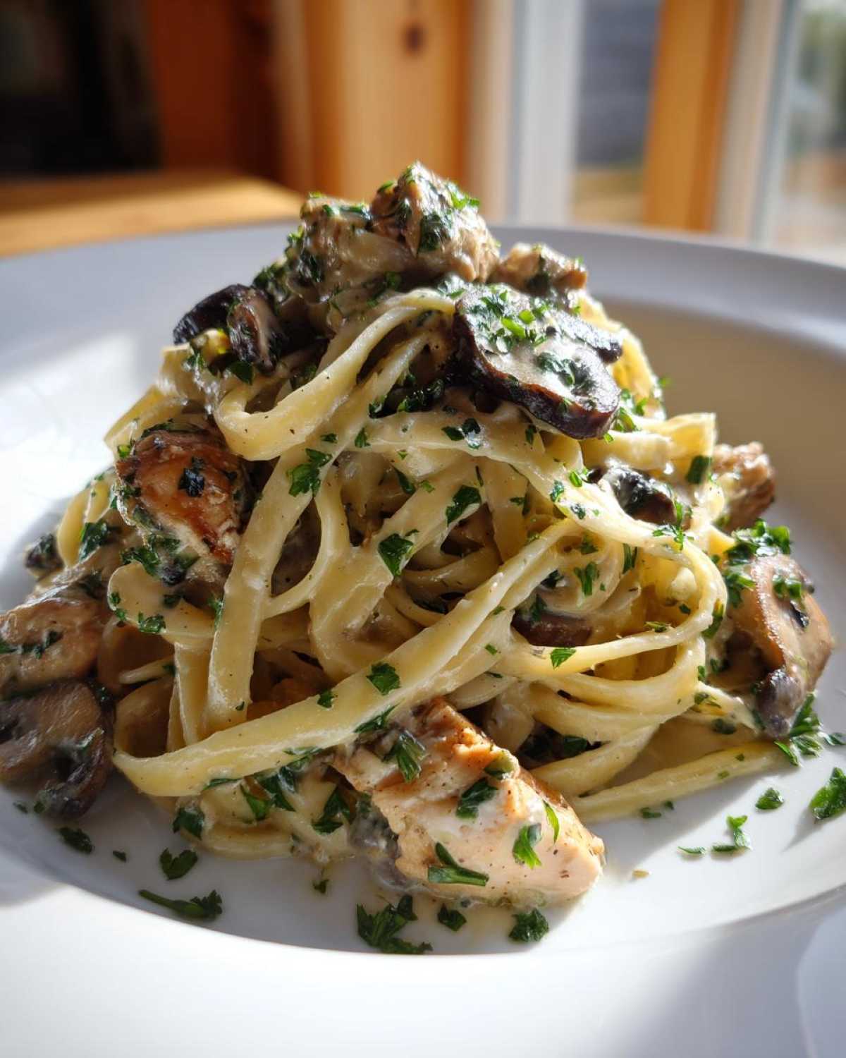 Close-up of fettuccine pasta tossed in a creamy garlic sauce with chicken pieces and sliced mushrooms, garnished with parsley, featuring Creamy Mushroom Chicken Pasta.