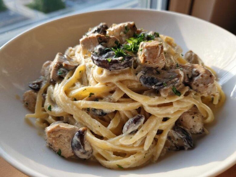 A close-up of a bowl filled with Creamy Mushroom Chicken Pasta with Garlic Sauce, featuring fettuccine, chunks of chicken, and sliced mushrooms.
