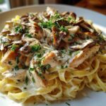 A close-up of Creamy Mushroom Chicken Pasta with Parmesan featuring fettuccine, sliced chicken, mushrooms, and fresh parsley.