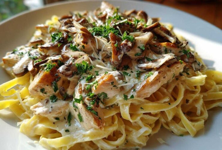 A close-up of Creamy Mushroom Chicken Pasta with Parmesan featuring fettuccine, sliced chicken, mushrooms, and fresh parsley.