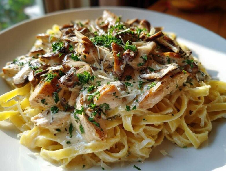 A close-up of Creamy Mushroom Chicken Pasta with Parmesan featuring fettuccine, sliced chicken, mushrooms, and fresh parsley.
