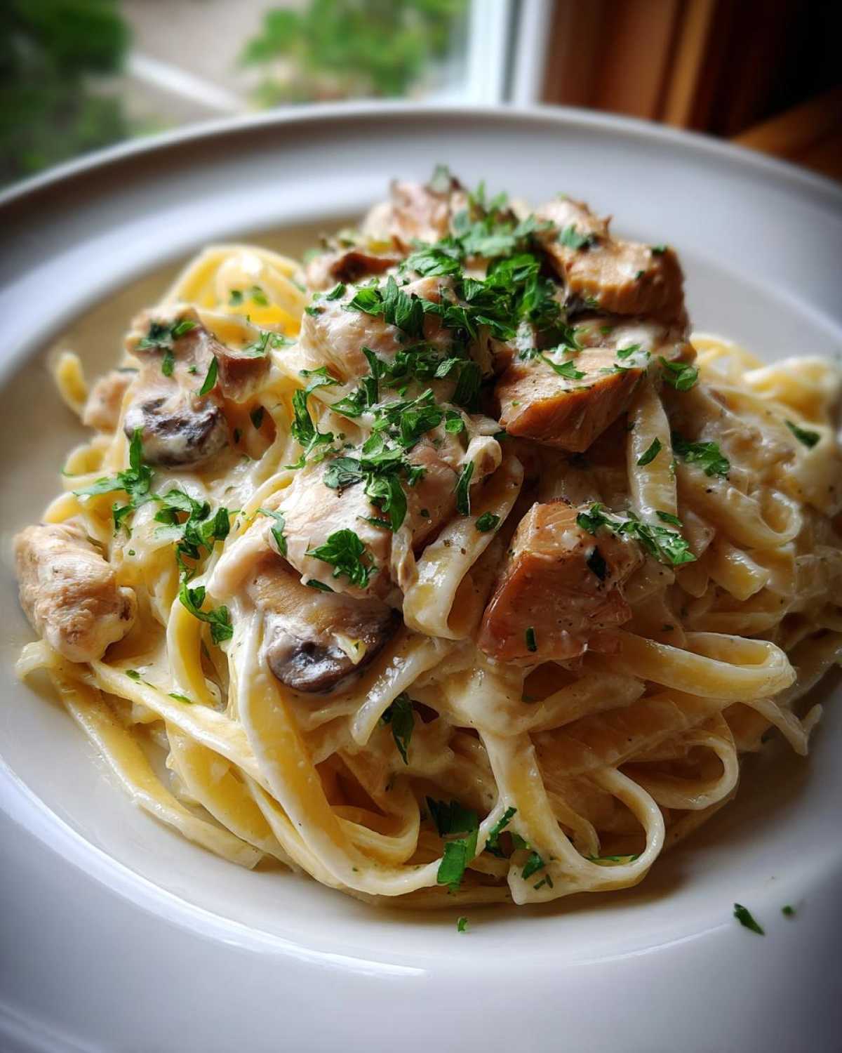 A close-up of a white bowl filled with Creamy Mushroom Chicken Pasta with Parmesan, topped with fresh parsley.