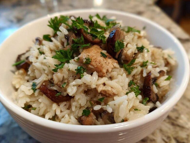 Close-up of a white bowl filled with Creamy Mushroom Chicken and Rice Skillet, garnished with fresh parsley.