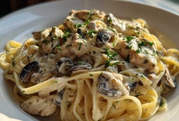 Close-up of rich Creamy Mushroom Garlic Pasta with Chicken tossed in a white sauce and garnished with parsley.