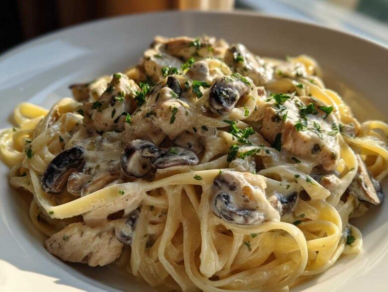Close-up of rich Creamy Mushroom Garlic Pasta with Chicken tossed in a white sauce and garnished with parsley.