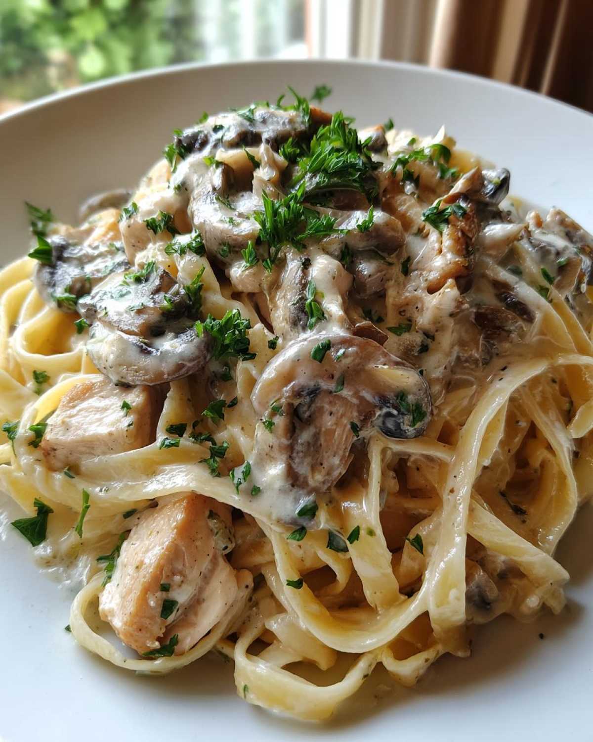 Close-up of fettuccine pasta tossed in a rich, creamy sauce with sliced mushrooms, chicken pieces, and fresh parsley.